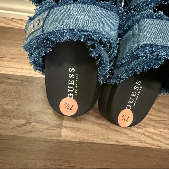 Guess Blue Denim Frayed Slide Sandals - Picture 7 of 13